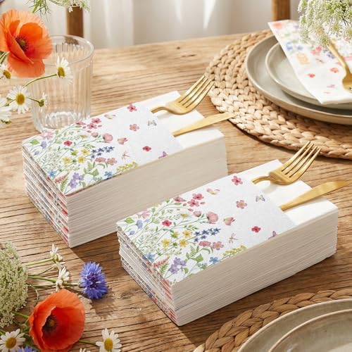 Potchen 100 Pcs Linen Feel Napkins Disposable, Floral - Image 2