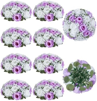 BLOSMON Fake Flowers Ball Wedding Centerpieces, 10 Pcs, Rose & Babys Breath by Blosmon