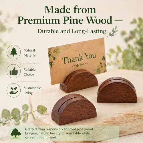 100PCS Wood Place Card Holders with Cards & Self-Adhesive, Pine Wooden Semicircular Design Table Number Name Card Stands for Wedding Baby Shower Birthday Party Menu Cafe (100, Brown) - Image 4