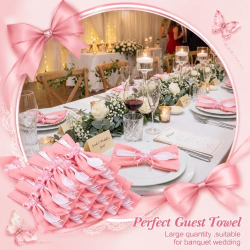 30 Set Pink Pre Rolled Silverware Set with Bow, Pink Napkins - Image 5