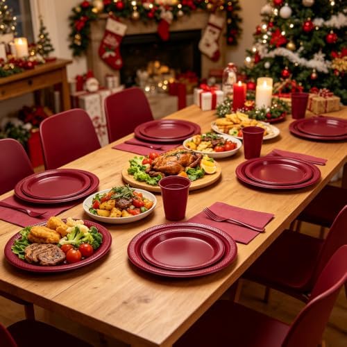 250Pcs Burgundy Plastic Party Plates and Napkins Set for Christmas,Birthday - Image 4