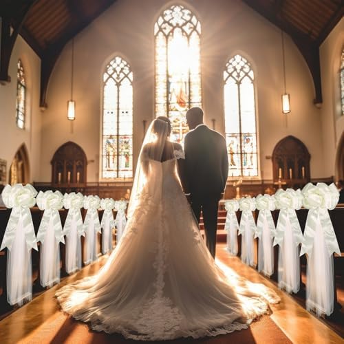 12 Pcs Large Wedding Pew Bows Ivory White 15.7" x 7.9" Satin Bow with 98.5 ft Fabric Tulle Church Chair Ceremony Aisle Decor for Wedding Dress Bowknot Bridal Shower Birthday(Pull Bow) - Image 3