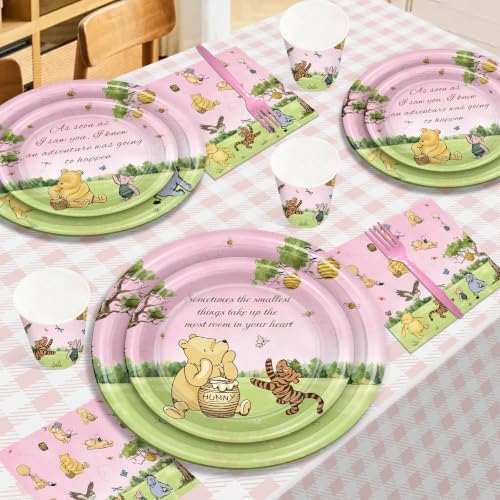 300Pcs Pink Winnie Baby Shower 1st Birthday Plates Decorations Disposal Paper Plates and Napkins Cups Forks Set Vintage Party Supplies Serves 50 Guests - Image 3