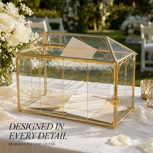 Glass Card Box with Slot, 12.6" x 5.9" x 9" Large Gold Clear Card Boxes for Wedding Receptions, Christmas Decor, Baby Shower, Birthday Party, Bridal Shower - Slot Length 7.1 Inches - Image 7