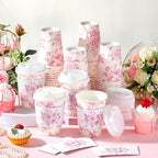 Vesici 60pcs 14oz Pink Disposable Coffee Cups with Lids and Sleeves Pink Toilet Coffee Cups Botanical Floral Paper Cup for Summer Birthday Weddings Bridal Shower Tea Party Supplies - Image 4