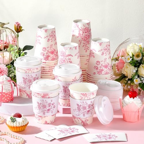 Vesici 60pcs 14oz Pink Disposable Coffee Cups with Lids and Sleeves Pink Toilet Coffee Cups Botanical Floral Paper Cup for Summer Birthday Weddings Bridal Shower Tea Party Supplies - Image 4
