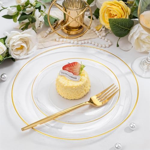 bUCLA 200PCS Clear and Gold Plastic Plates - Clear Disposable Plates with Gold Rim, Includes 100 PCS 10 inch Dinner Plates and 100 PCS 7 inch Dessert Plates for Party&Wedding - Image 6
