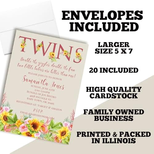 Amanda Creation Sunflower and Peony Twin Baby Shower Invitations, Twins Baby Shower Invitations, 20 Personalized 5x7 Double-Sided Cards with White Envelopes, Made in USA - Image 6
