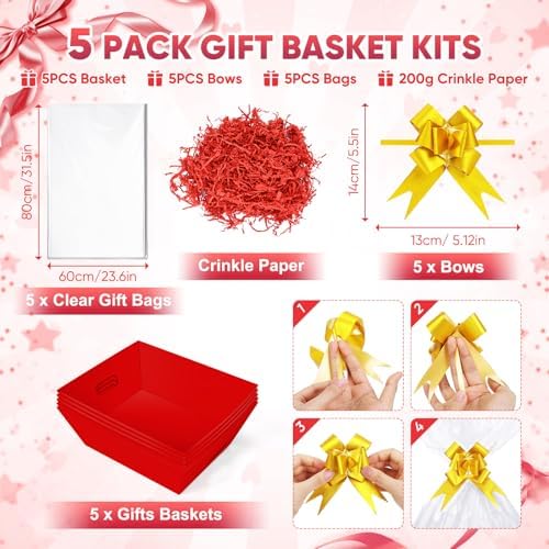 5 Pack Baskets For Gifts Empty, 10x12” Red Gift Basket Kit with Clear Bags Gold Bows 200g Crinkle Cut Paper Empty Gift Baskets to Fill Large Gift Baskets for Christmas, Birthdays, Holidays, Weddings - Image 2