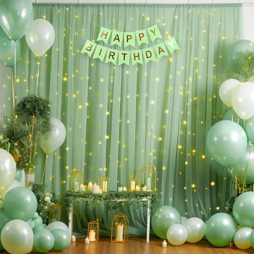 10×10ft Green Tulle Backdrop Curtain with Lights String for Parties, Sheer Photo Curtain Backdrop Drapes for Wedding Party Photography Backgrounds - Image 6