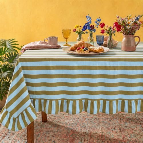 Tudomro Striped Tablecloth, Rectangle, Olive Green, Light Blue, 84'' X 60'' by Tudomro