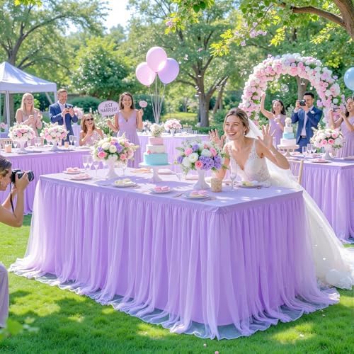 2 Pack Lavender Table Cloth for 8 Foot Rectangle Tables, Stretch Fitted Tulle Table Covers Skirt, Rectangular Ruffle Tutu Tablecloth Wedding Banquet Baby Shower Cake Tablecloths Decorations - Image 3