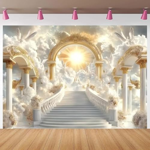 Golden Heaven Sent Theme Banner Paradise Stairway Holy Light White Dove Floral Angel Easter Background Heaven Sent Baby Shower Church Event Banners Christian Religious Backdrop(Gold, 8 * 6feet) - Image 7