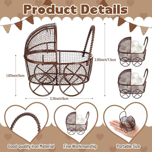 Threehoney 12 Pcs Baby Shower Mini Carriage Decoration Brown Highland Cow Color Metal Wired Fillable Candy Stroller Baby Shower Table Centerpiece for Guest Gender Reveal Wedding Party Favor Gift - Image 2