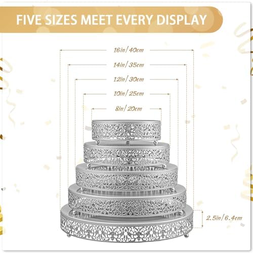 Wenqik 5 Pcs Metal Silver Cake Stand,16/14/12/10/8 in Round Cake Holder - Image 2