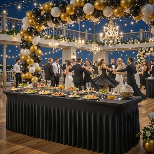 Black Table Cloth for 8 Foot Rectangle Tables Fitted Stretch Spandex Table Cover with Skirt 8ft Baby Shower Birthday Party Banquet Ruffle Tablecloth Wedding Table Cloths Desk Skirt, 2 Pack - Image 3