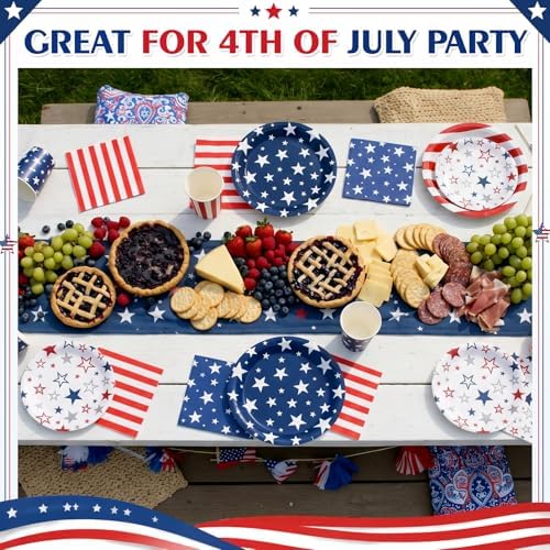 Ziliny 240 Pcs 4th of July American Flag Patriotic 7 9 Inch Paper Plates Napkins Cups Disposable Tableware Sets for Independence Memorial Veterans Day Decorations Party Supplies, Serve 60 - Image 6