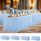 Wish Care 4 Pack Baby Blue Tulle Table Cloth for 6 Foot Rectangle Tables Wrinkle Free Stretch 6ft Light Blue Tablecloths Tutu Skirt Ruffle Fitted Table Cover Desk Skirt for Birthday Baby Shower Party by WishCare