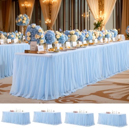 Wish Care 4 Pack Baby Blue Tulle Table Cloth for 6 Foot Rectangle Tables Wrinkle Free Stretch 6ft Light Blue Tablecloths Tutu Skirt Ruffle Fitted Table Cover Desk Skirt for Birthday Baby Shower Party by WishCare