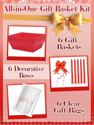 Beeplove 6 Sets Large Thick Kraft Baskets for Gifts Empty - Gift Baskets Empty Kit with Cellophane Wrap and Pull Bows for Wedding Birthday Bridesmaid Baby Shower, Red - Image 3