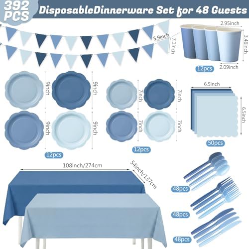Potchen 392 Pcs Dusty Blue Gradient Party Supplies Tableware Set Serves 48 - Image 3