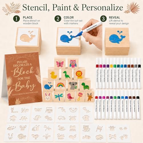 117 Pcs Baby Shower Blocks to Decorate Game Kit, 52 Wooden Baby Blocks for Baby Shower Games, 24 Acrylic Markers, 10 Stencils, Game Sign, DIY Baby Shower Activity & Gender Reveal Decor, Kraft Boho - Image 3
