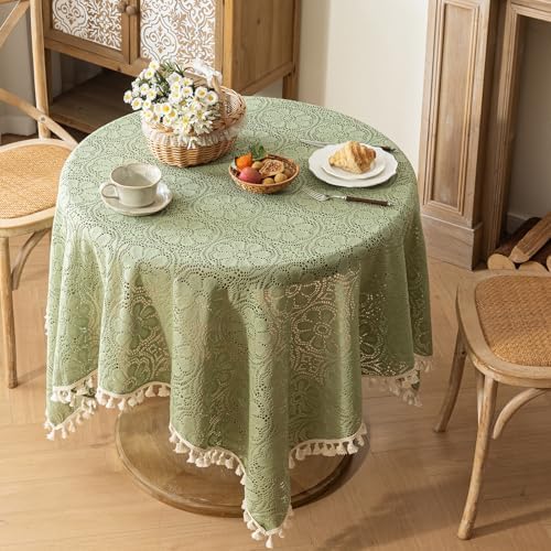 Sage Green Boho Floral Crochet Lace Tablecloth Square 60 x 60 Inch - Image 2