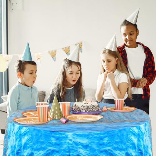 Oudain 12 Pcs Ocean Waves Plastic Round Tablecloth 84 Inch with Fish Net Ocean Waterproof Water Under The Sea Theme Table Cover for Mermaid, Baby Shower, Birthday Party (Blue) - Image 5