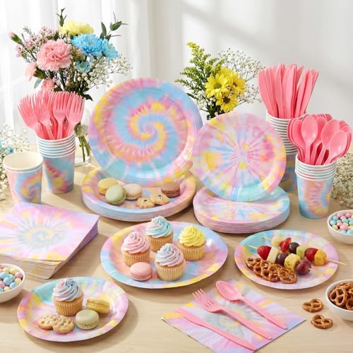 Pickmesh 400 Pcs Tie Dye Party Supplies Paper Plates and Napkins Serve 50 - Image 4