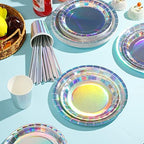 Iridescent Party Supplies Decorations, Holographic Paper Plates and Napkins Set, Disposable Iridescent Paper Plates Cups Knives Spoons Fork Straw for Mermaid Birthday Wedding Party, Serve 50 - Image 3