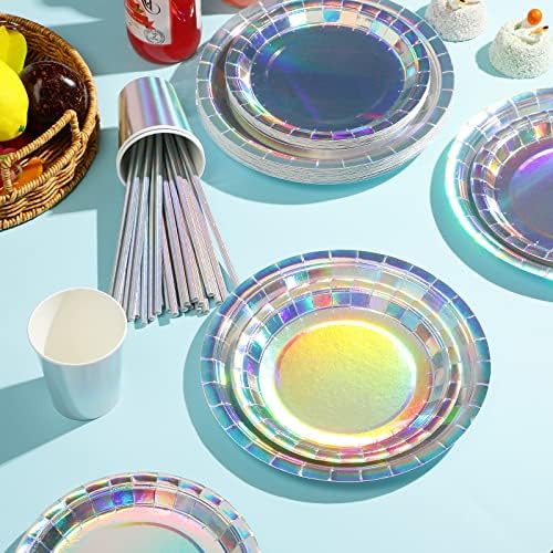 Iridescent Party Supplies Decorations, Holographic Paper Plates and Napkins Set, Disposable Iridescent Paper Plates Cups Knives Spoons Fork Straw for Mermaid Birthday Wedding Party, Serve 50 - Image 3