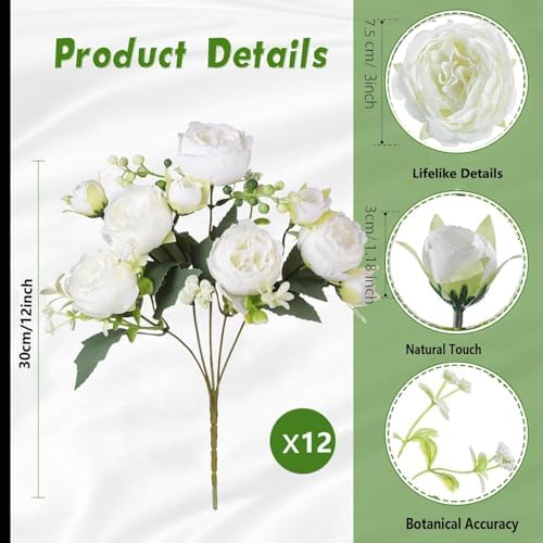 Peonies Artificial Flowers Bouquet, Lifelike Silk Fake Peonies with Stems for Home Table Centerpieces, Wedding, Party & DIY Bridal Floral Arrangements (12, White) - Image 3