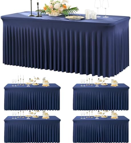 4 Pack Navy Blue Spandex Table Clothes for 6 Foot Rectangle Tables, Wrinkle Free Fitted Table Cloth 6ft Stretch Tablecloths with Skirt Cover for Parties Weddings Birthday Banquet Baby Shower by Htper
