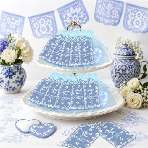 50 Set Cielito Lindo Mexican Baby Shower Party Favors, Heart-Shaped Mirrors with Organza Bags & Thank You Cards, Blue Talavera Party Gifts Bulk for Guests Bridal Shower Wedding Gender Reveal Party - Image 4