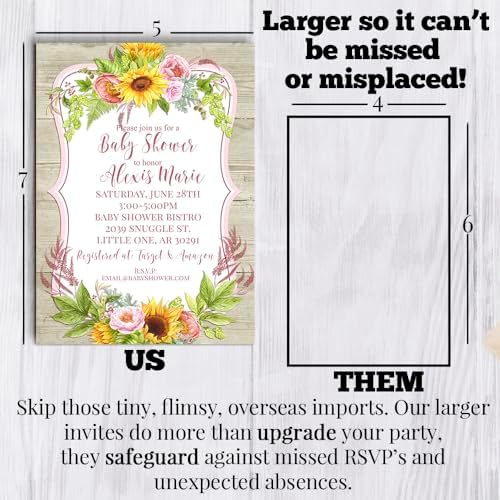 Amanda Creation Dahlia Sunflower Personalized Baby Shower Invitations, Sunflower Baby Shower Invitations, 20 Personalized 5x7 Double-Sided Cards with White Envelopes, Made in USA - Image 7