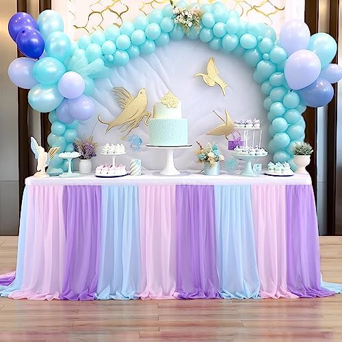 Mermaid Tulle Table Skirt Blue Pink Purple Striped Table Skirts for Rectangle Tables Frozen Baby Shower Mermaid Birthday Parties Decoration 9ft - Image 2