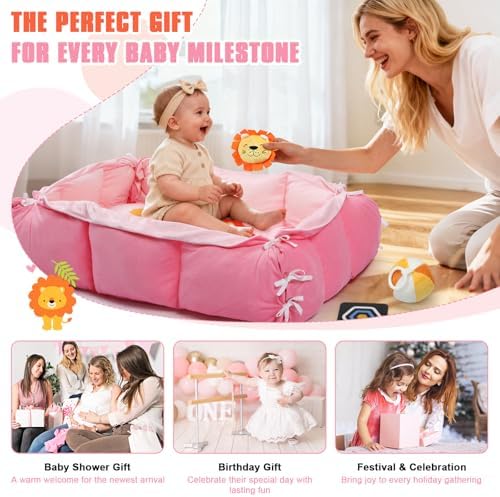 5-in-1 Tummy Time Mat Baby Activity Gym with Cartoon Pattern, Extra Thick Plush Play Floor Mat, Featuring Hanging Toys, Sensory Development Gym & Lovely Gift for Newborn Baby, Lion - Image 7