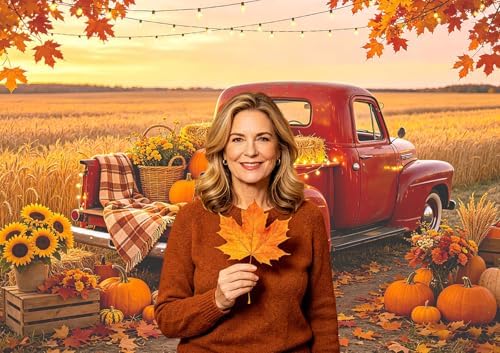 Fall Farm Backdrop, Vintage Red Truck with Pumpkins Photo Background, 9x6FT - Image 4