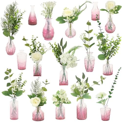 WARMALL Artificial Flowers with Vases, 16 Pcs Pink Bud Vases, & 81 Pcs Artificial Plants DIY Set Suitable for Centerpieces Table Weddings Party Office and Indoor Decor Mini Small Glass Clear by Unknown