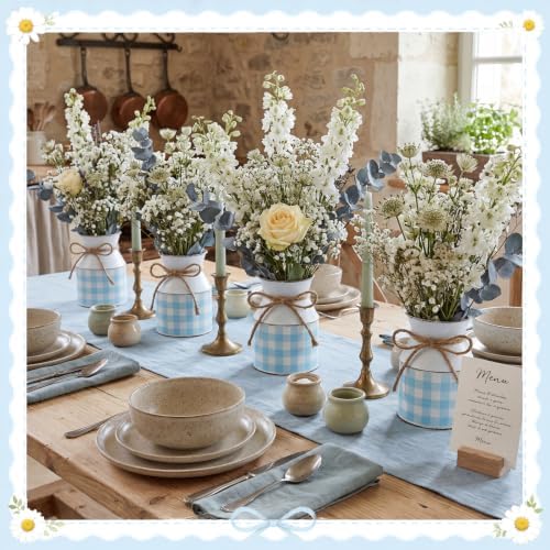 Domensi 6 Pcs Farmhouse Metal Flower Vase, Blue Gingham Table Centerpiece - Image 5