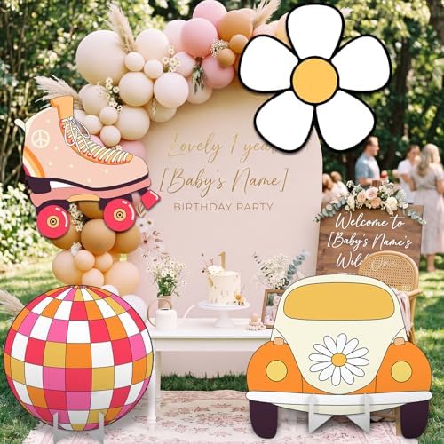 Honoson 4 Pcs 20" x 30" Large Groovy Cardboard Cutouts, Retro Hippie Photo Booth Props Birthday Party Decorations Yard Signs Bus Daisy Backdrop Lawn Decor for 60s 70s Party Supplies by Honoson