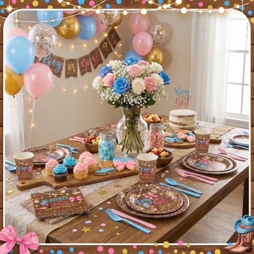 400 Pcs Boots or Bows Gender Reveal Party Decoration for 50, Gender Reveal Plates Napkins Cups Cutlery Pink Blue Western Disposable Tableware for Boy or Girl Baby Shower Party Supplies - Image 5