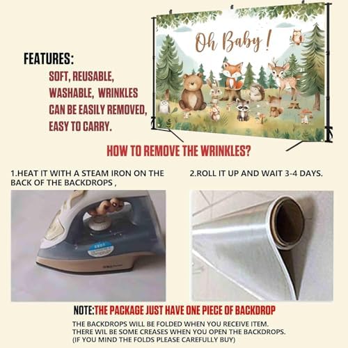 10x8ft Woodland Baby Shower Backdrop Oh Baby Banner, Forest Animal Background Decorations for Gender Neutral Baby Shower, Rustic Woodland Newborn Photo Prop, Nature Theme Party Supplies - Image 6