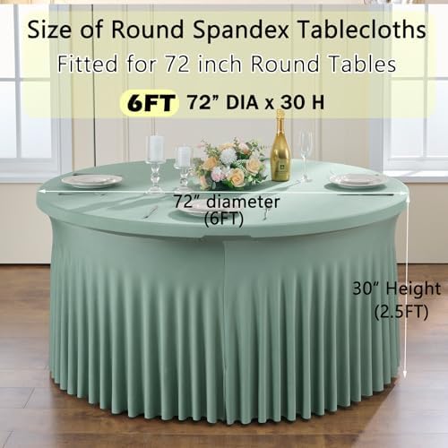 6 Pack Sage Green Spandex Round Tablecloths for 72 inch Table, Wrinkle Free Stretchy 132inch Fitted 6ft Round Table Cover Cloths with Skirt for Wedding Party Dining Banquet - Image 5