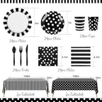 170Pieces Black and White Party Supplies Disposable Paper Plates Napkins Cups Knives Spoons Forks Plastic Tablecloths For Wedding Baby Bridal Shower New Years Decor Serve 24 - Image 2