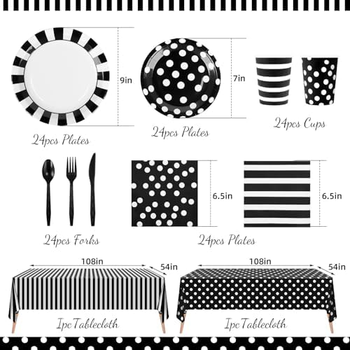 170Pieces Black and White Party Supplies Disposable Paper Plates Napkins Cups Knives Spoons Forks Plastic Tablecloths For Wedding Baby Bridal Shower New Years Decor Serve 24 - Image 2