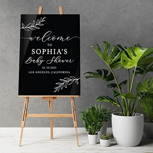 Andaz Press 16X20 Inch Black Acrylic Personalized Baby Shower Welcome Sign, Gender Neutral Large Custom Sign For Easel Stand, Rustic Laurel Leaves Baby Shower Decorations Neutral, Acrylic Welcome Sign - Image 2