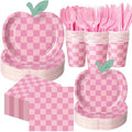 400 Pcs Apple Party Decorations Supplies Serve 50, Back to School Apple Paper Plates Napkins Cups Pink Checkerboard Disposable Tableware Set for Last/ First Day of School Party by Sunnychicc