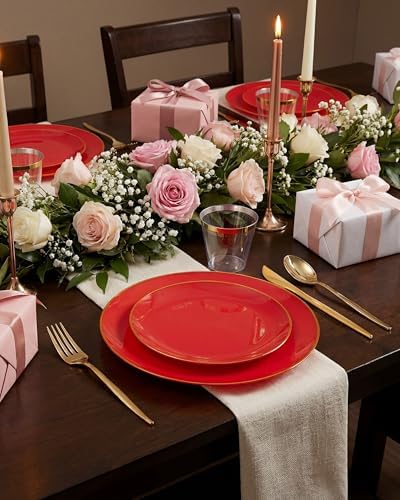 PULOTE 100PCS Red Plastic Plates Disposable Heavy Duty - Include 50 Dinner / 50 Dessert Plates for Party & Christmas - Image 6