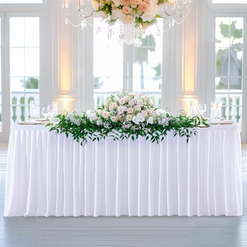 Wish Care White Polyester Table Clothes for 8 Foot Rectangle Tables, Wrinkle Free Fitted Table Cover with Pleated Ruffle Table Skirt for Birthday Party Wedding Trade Show Event Display - Image 6